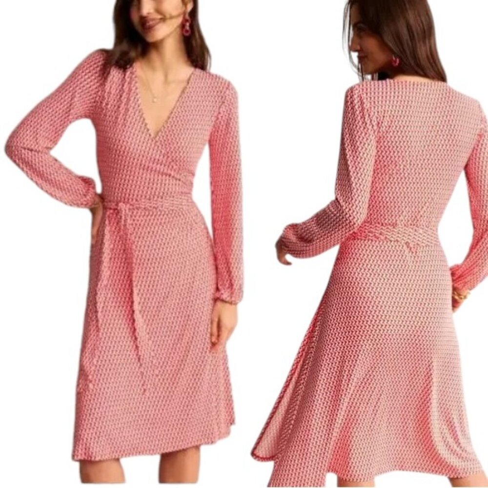 Boden Joanna Long Sleeved Jersey True Wrap Midi Dress - Red/White - 12